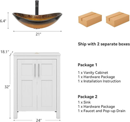 YOURLITE 24" Bathroom Vanity with Sink, White Bathroom Vanity with Faucet & Pop Up Drain Set,Traditional Vanity with Black Glass Bowl Bathroom Sink