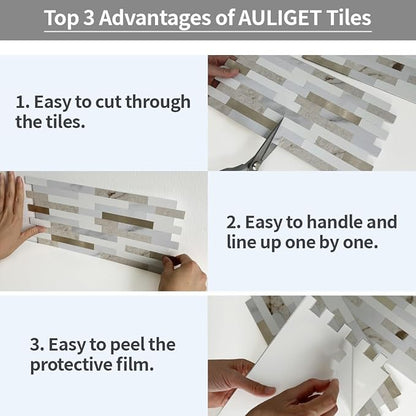 AULIGET 2 Sheets Faux Stone Peel and Stick Backsplash, Beige & White Marble Look PVC Wall Tile Stick on Backsplash for Kitchen and Bathroom