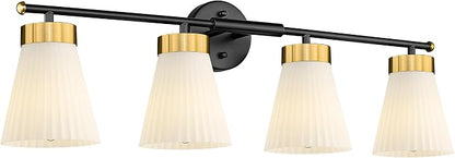 4-Light Bathroom Light Fixture, HWH 32 Inch Vanity Lights Over Mirror, Modern Sconce Wall Lighting with Frosted Milk White Striped Glass, Black and Gold Finish, 5HZG97B-4W BK+BG