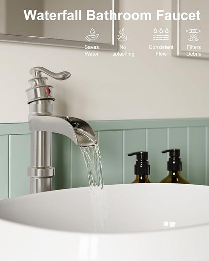 BWE Vessel Sink Faucet Waterfall Tall Brushed Nickel Bathroom Faucet | Single Handle 1 Hole Brass Countertop Lavatory Vanity Mixer Tap with Pop Up Drain and Supply Lines for RV Bar No Overflow