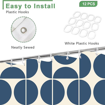 Dark Blue Mid Century Modern Shower Curtain, Boho Abstract Geometric Retro Art Shower Curtains for Bathroom, Colorful Unique Pattern Polyester Fabric Shower Curtain Set 12 Hooks 72X72IN