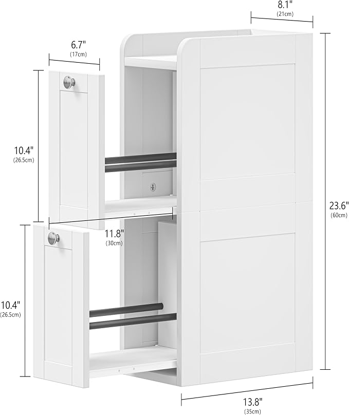 Keehusux Slim Bathroom Storage Cabinet with 2 Slide Out Drawers, White | Narrow Storage Organizer, Anti-drop Guardrail, Freestanding Toilet Paper Holder for Kitchen Corner and Small Spaces, Modern