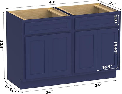 Vanity Art 48 Inch Bathroom Base Cabinet Only, Double Sink Top (Not Include Sink) with Door & Soft Close Hinge, Unassembled Floor Cabinet, Blue, 2ea 24 Inch Combo