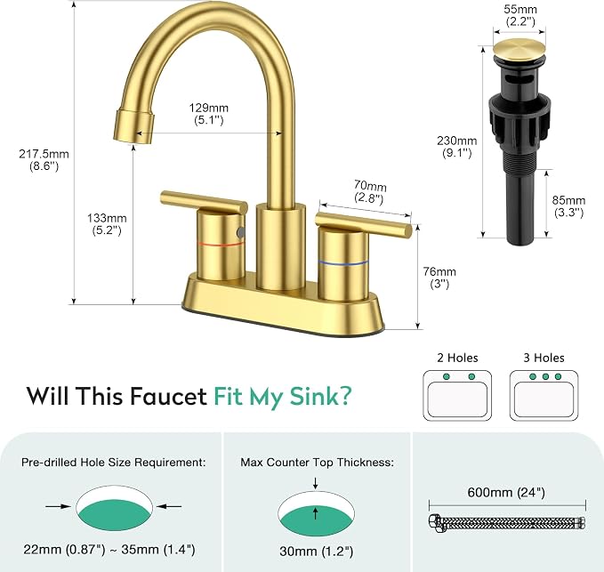 Faustina Brushed Gold Bathroom Faucet, 4 Inch Centerset Faucets for Sink 2 Holes 3 Holes，Two Handles 304 Stainless Steel Faucet with Pup up Drain Assembly and 2 Water Supply Lines for RV Vanity