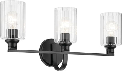 Kichler Gioe 24.25" 3-Light Vanity Light with Clear Fluted Glass in Black, Damp Rated, for Bathroom, Powder Room, Over a Mirror, (24.25" W x 10.5" H), 55226BKFLU