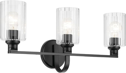 Kichler Gioe 24.25" 3-Light Vanity Light with Clear Fluted Glass in Black, Damp Rated, for Bathroom, Powder Room, Over a Mirror, (24.25" W x 10.5" H), 55226BKFLU
