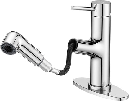 HURRAN Pull Out Bathroom Faucet, Single Handle Basin Mixer Tap with 2 Modes, Utility Sink Faucet with Deck Plate, Stainless Steel, Chrome