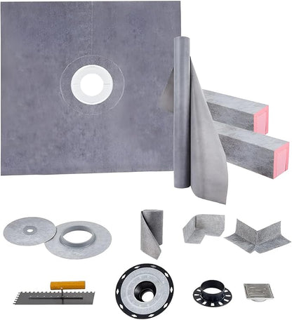 VEVOR Shower Curb Kit, 48 x 48 in Watertight Shower Curb Overlay with 4 in PVC Center Bonding Flange, 4 in Stainless Steel Grate, 2 Cuttable Shower Curbs Trowel and Shower Pan Slope Stick for Bathroom