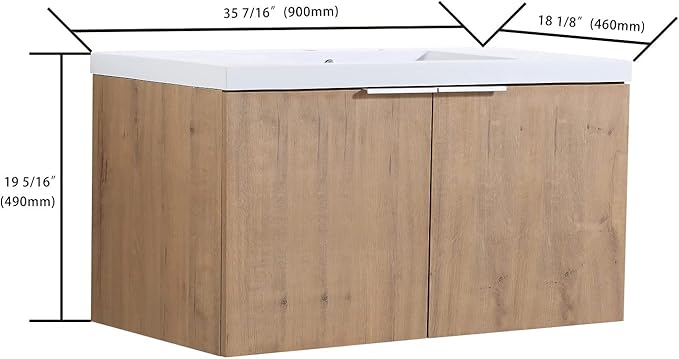 Wall Mount 36 Inch Bathroom Vanity W/Sink Combo for Small Space, Modern Design Vanity Cabinet Gel Basin Countertop, Float Mounting Design Cabinet Set with Double Doors (Oak, 35.4''x18.1''x19.3'')