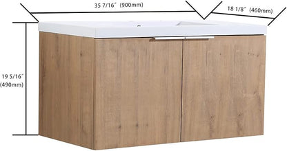 Wall Mount 36 Inch Bathroom Vanity W/Sink Combo for Small Space, Modern Design Vanity Cabinet Gel Basin Countertop, Float Mounting Design Cabinet Set with Double Doors (Oak, 35.4''x18.1''x19.3'')