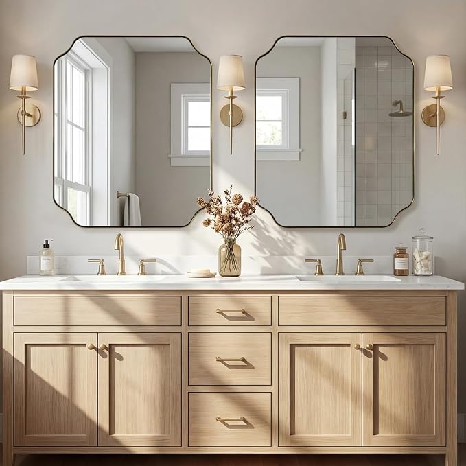 30"x36" Gold Bathroom Mirror, Brushed Brass Rectangle Mirror for Bathroom, Scalloped Vanity Mirror in Anti-Rust Stainless Steel Metal Thin Frame, Wall Mount Vertical or Horizontal