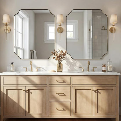 30"x36" Gold Bathroom Mirror, Brushed Brass Rectangle Mirror for Bathroom, Scalloped Vanity Mirror in Anti-Rust Stainless Steel Metal Thin Frame, Wall Mount Vertical or Horizontal