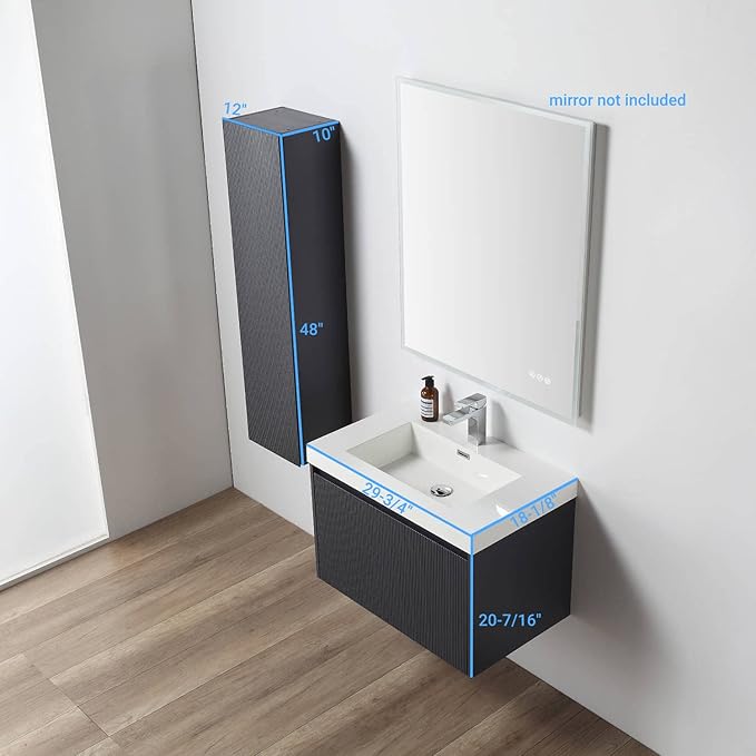 Blossom 30 Inch Bathroom Vanity with Sink and Side Cabinet, All Wood Floating Bathroom Vanity with Acrylic Sink, Bathroom Sink Cabinet with Soft-Close Drawer, Modern Style Vanities, Night Blue
