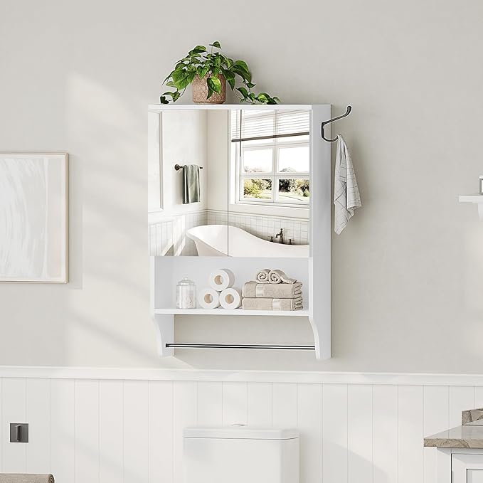 Bathroom Wall Cabinet with Mirror, Medicine Cabinet with 2 Door and Adjustable Shelf, Wall Mounted Over The Toilet Storage Cabinet for Bathroom Laundry Room Kitchen, 18.9"W x 26.2"H, White