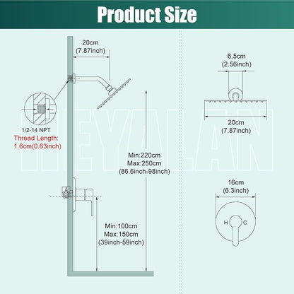 Heyalan 8-Inch Round Rain Shower Faucet Set with Valve, Brushed Nickel | SUS304 stainless steel shower head, brass rough-in valve, single-handle control, 1.8 GPM, ideal for bathroom remodels