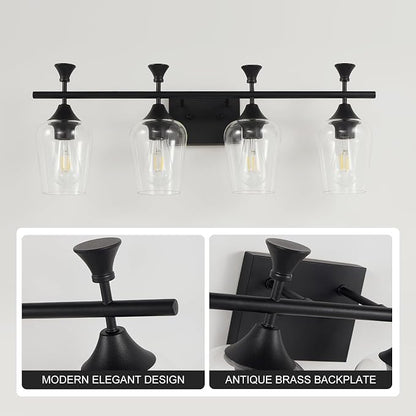 Bathroom Light Fixtures (4-Light, 29 Inch), Matte Black Vanity Lights for Bathroom with Clear Wine Glass Glass Shade, Modern Vanity Wall Lights for Mirror Bedroom Living Room Kitchen Hallway Porch