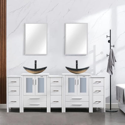 eclife 84" Modern Bathroom Vanity Sink Combo Freestanding Cabinet with Small Side Cabinet, Champagne Boat Glass Vessel Sink, Water Save Faucet, Drain (White+A29CH)