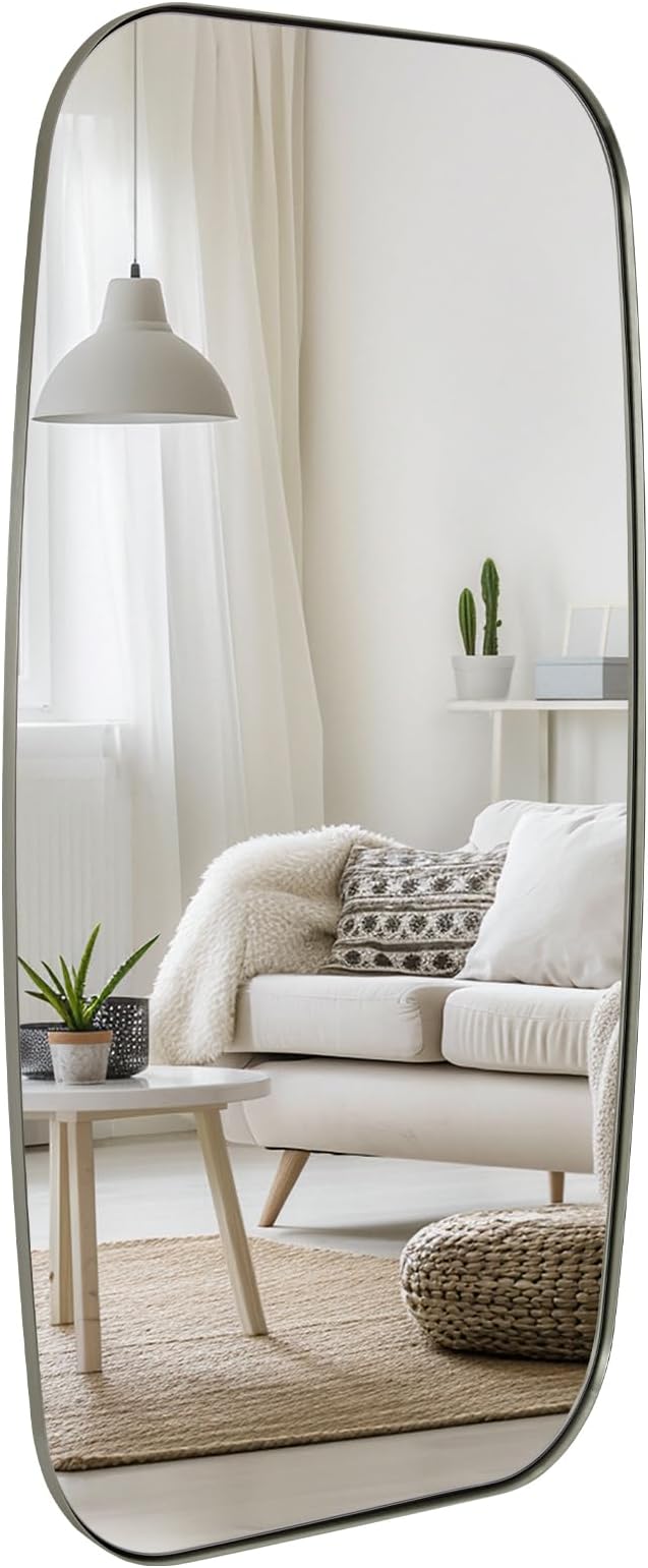 Brushed Nickel Bathroom Mirror, 24x48 Oblong Mirror with Stainless Steel Metal Frame, Silver Oval Vanity Mirror for Over Sink, Modern Anti Rust Wall Mounted