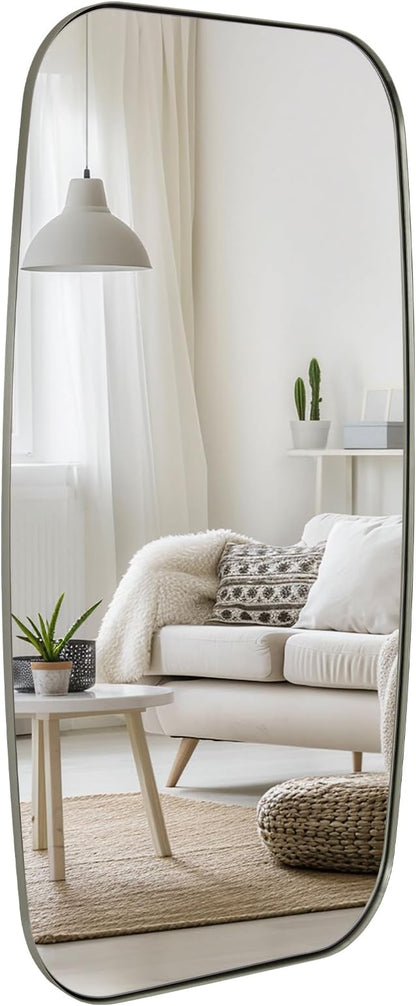 Brushed Nickel Bathroom Mirror, 24x48 Oblong Mirror with Stainless Steel Metal Frame, Silver Oval Vanity Mirror for Over Sink, Modern Anti Rust Wall Mounted