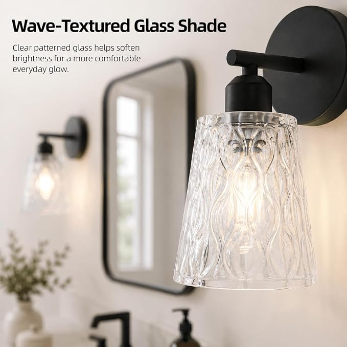 1-Light Black Bathroom Vanity Wall Sconces, 2-Pack Modern Fixtures with Textured Glass Shades and Stainless Steel Frame, E26 Sockets (Bulbs Not Included)