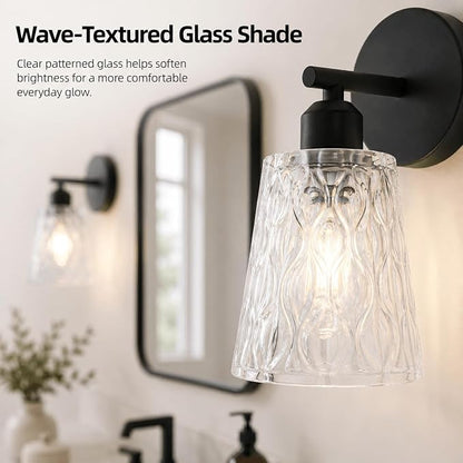 1-Light Black Bathroom Vanity Wall Sconces, 2-Pack Modern Fixtures with Textured Glass Shades and Stainless Steel Frame, E26 Sockets (Bulbs Not Included)