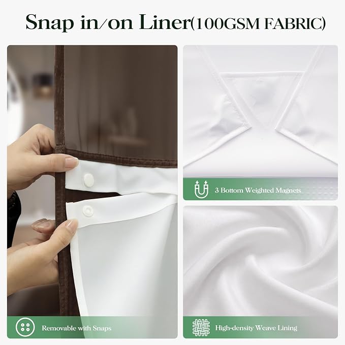Brown Hook Free Waffle Shower Curtain & Snap-in Fabric Liner,72x87 | Less Time to install, 3 in 1 Fabric Shower Curtain and Liner Set with Magnets, Extra Long, Shower Curtains for Bathroom