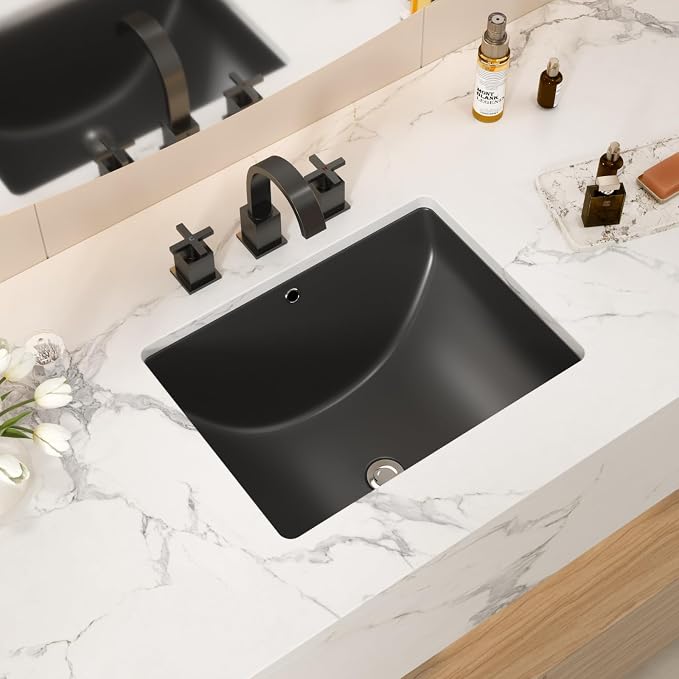 Black Ceramic 18"x14" Undermount Bathroom Lavatory Sink | Rectangle under counter black bathroom vessel sink for bathroom with overflow