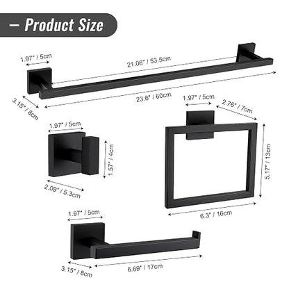 YACVCL Matte Black Towel Bar Set 10-Piece Bathroom Hardware Accessories Set,Black Bathroom Towel Holder Set 23.6 Inch Towel Bar Stainless Steel Wall Mounted Towel Rack Set