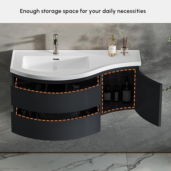 KunMai Modern Floating Bathroom Vanity with Sink, 35.4" Black Wall Mounted Stone Resin Top Vanity Cabinet with Storage Drawers & Door, White Wall Hung Vanity for Small Bathrooms