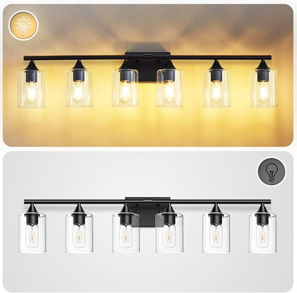 6-Light Matte Black Bathroom Light Fixtures, Over Mirror with Clear Glass Shade, Wall Light Sconce for Vanity Table, Hallway