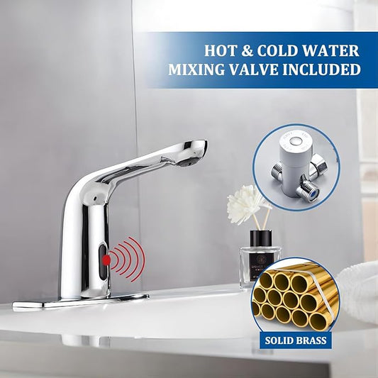 Luxice Chrome Touchless Bathroom Sink Faucet - Automatic Motion Sensor Battery Opertated for Commercial Lavatory Bathroom