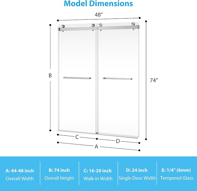 44-48" W x 74" H Shower Doors, Frameless Shower Door, Double Sliding Glass with 1/4" (6mm) Clear Tempered Glass for Bathroom,Silver