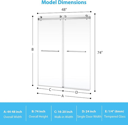Glass Shower Door 48 Inches,44-48" W x 74" H Frameless Dual Sliding Shower Glass Door with 6mm Tempered Clear Glass and Stainless Steel Square Rail, Brushed Nickel
