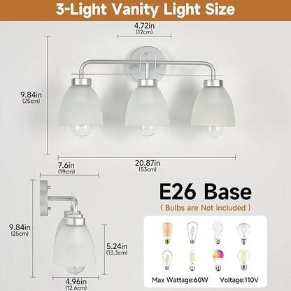 21 Inch Mid-Century Modern Vanity Lights, 3-Light Silver Bathroom Light Fixture with Frosted White Bell Shades, Industrial Wall Sconce for Mirror Over Vanity, Bedroom, Hallway