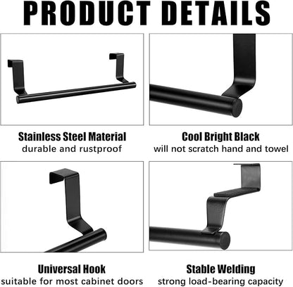 RETON 3 PCS Over Door Towel Rack, 9 Inch Stainless Steel Cabinet Towel Hanger Towel Bar Holders, Kitchen Towel Holder with Anti-Slip Pads, No Drilling (Black)
