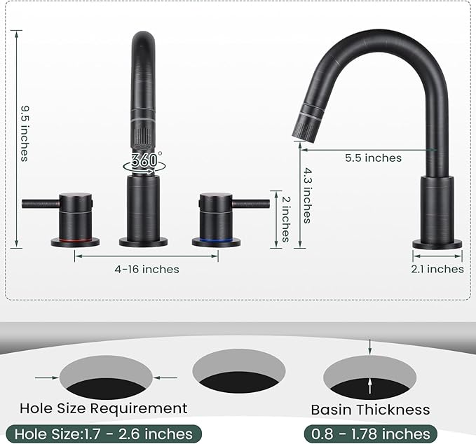 Pull Down Bathroom Faucet for Sink 3 Hole,8 inch Widespread Oil Rubbed Bronze Bathroom Sink Faucet with Pop Up Drain, Water Supply Hoses