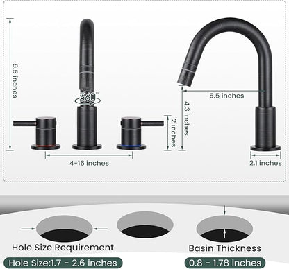 Pull Down Bathroom Faucet for Sink 3 Hole,8 inch Widespread Oil Rubbed Bronze Bathroom Sink Faucet with Pop Up Drain, Water Supply Hoses