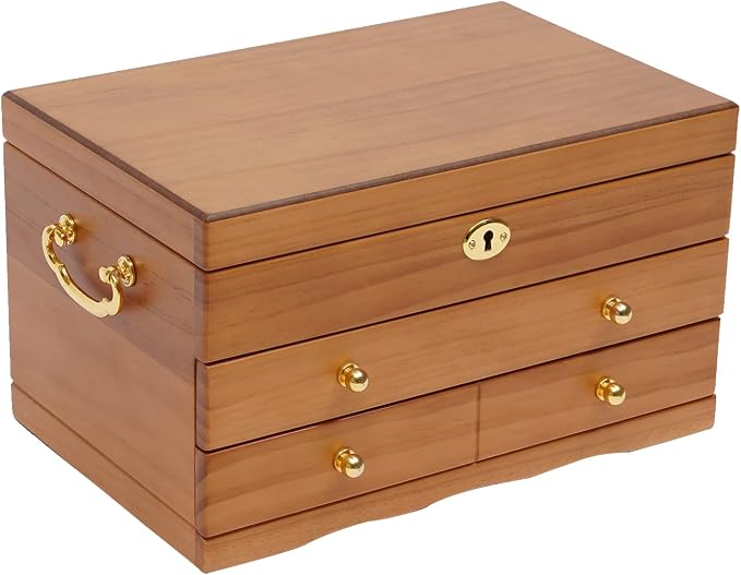 Extra Large 3 Layers Wooden Jewelry Box Jewelry Case Cabinet Armoire Ring Necklacel Gift Storage Box Organizer(3 layers,6 built-in hooks)