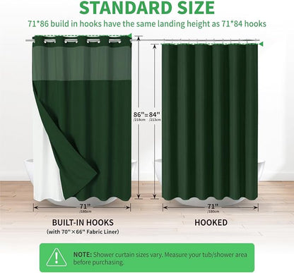 eachope No Hook Fabric Shower Curtain with Snap-in Liner,71x86 Emerald Green