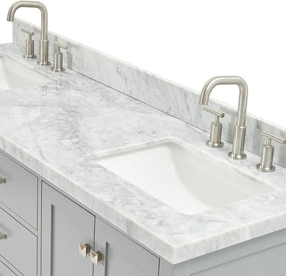 ARIEL Cambridge 66-inch Bathroom Vanity with Sink,Solid Wood, 1.5-inch Italian Carrara Marble Countertop, Double Rectangular Porcelain Sink, 4 Soft Closing Doors, 6 Dovetail Drawers, Grey