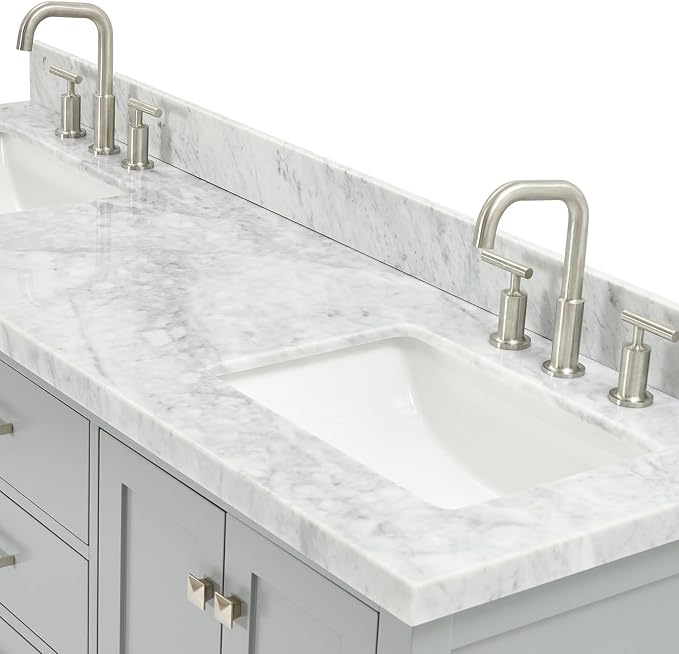 Beckford 66" Grey Double Bathroom Vanity with Sink, 1.5" Edge Italian Carrara Marble Countertop, 2 Rectangular Undermount Sinks, 4 Soft Closing Doors, 6 Dovetail Drawers, Brushed Nickel