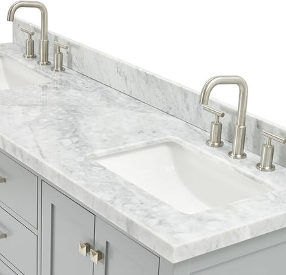 Beckford 66" Grey Double Bathroom Vanity with Sink, 1.5" Edge Italian Carrara Marble Countertop, 2 Rectangular Undermount Sinks, 4 Soft Closing Doors, 6 Dovetail Drawers, Brushed Nickel