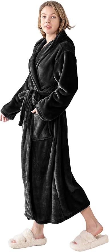 Robes for Women - Hooded Plush Fleece Bathrobe with Sash & Pockets, Full-Length Lightweight Spa Robe