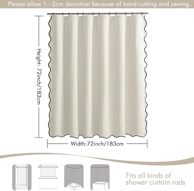 MIULEE Birch Scalloped Linen Shower Curtain 72x72 Inches | Linen Textured, Waterproof, Washable, 12 Metal Hooks, Heavy Duty Cloth, Black Border, Shower Curtain for Bathroom Bathtub