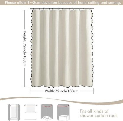 MIULEE Birch Scalloped Linen Shower Curtain 72x72 Inches | Linen Textured, Waterproof, Washable, 12 Metal Hooks, Heavy Duty Cloth, Black Border, Shower Curtain for Bathroom Bathtub