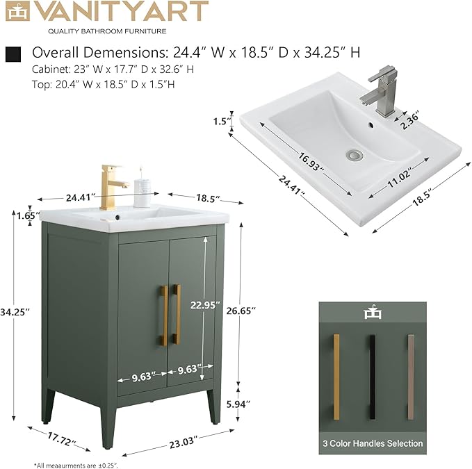 Vanity Art 24 inch Bathroom Vanity with Single Sink & Ceramic Top, Vanity Cabinet with Soft-Closing Doors, Solid Wood Frame, Vintage Green,VA9024-VG-MB1