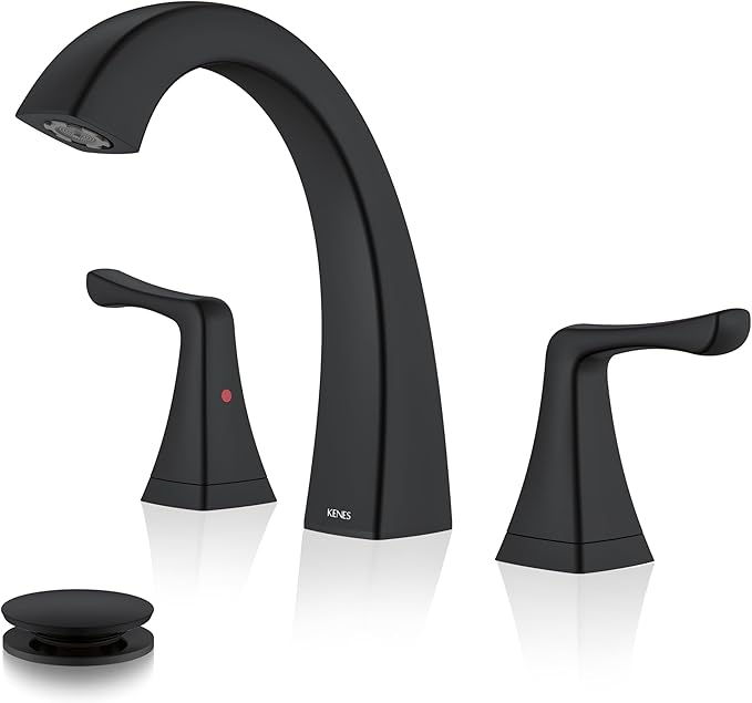 KENES Black Bathroom Faucets for Sink 3 Hole, Matte Black 8 Inch 2 Handle Widespread Bathroom Faucet, Bathroom Vanity Faucet with Pop Up Drain & Supply Lines, LJ-9075-2