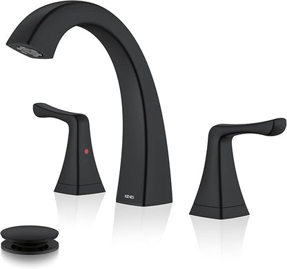 KENES Black Bathroom Faucets for Sink 3 Hole, Matte Black 8 Inch 2 Handle Widespread Bathroom Faucet, Bathroom Vanity Faucet with Pop Up Drain & Supply Lines, LJ-9075-2