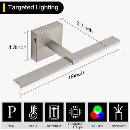 18 Inch Vanity Lights for Bathroom Brushed Nickel Over Cabinet Arm Extra Wide LED Bar 5CCT 2900K 6000K ETL IP44
