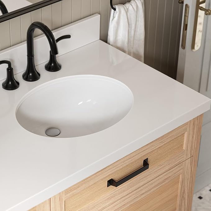 ARIEL Monroe 72-inch Bathroom Vanity with Sink,Solid Wood, 1.5-inch Pure White Quartz Countertop & Backsplash, Double Rectangular Porcelain Sink, 9 Dovetail Drawers, Matte Black, White Oak